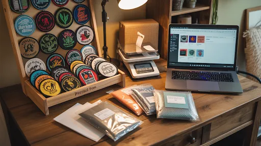 A business setup showcasing colorful patches for online sales.