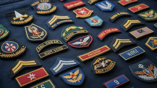 A collection of military uniform shoulder patches on a dark navy blue fabric.