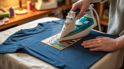 A lady ironing a patch on a shirt.