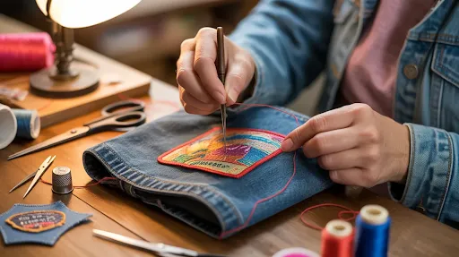 A-lady-sewing-on-a-patch-on-denim-fabric.