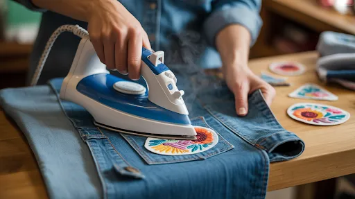 Ironing a patch to a denim jacket using a household iron.