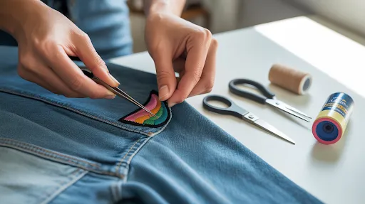 Removing a patch from a denim jacket using specialized tools.