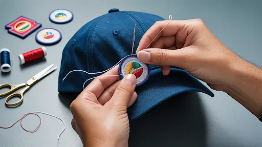 Sewing a colorful embroidered patch onto a navy blue baseball cap.