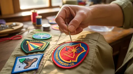 Sewing a patch on scout uniform.