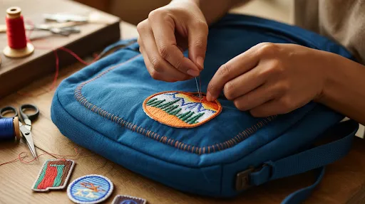 Sewing a patch onto a navy blue canvas backpack.