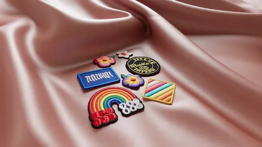 A close-up of colorful iron-on patches on a smooth polyester fabric.
