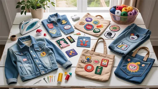 A-DIY-project-with-patches-on-jacket,-bag,-and-jeans.