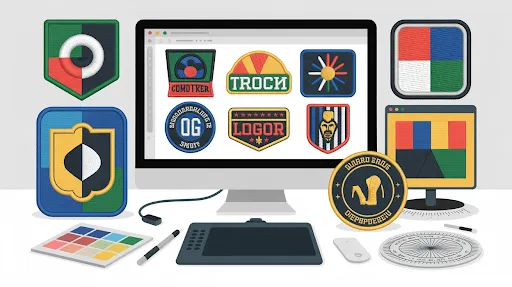 Process of creating custom embroidered patches through digital design.