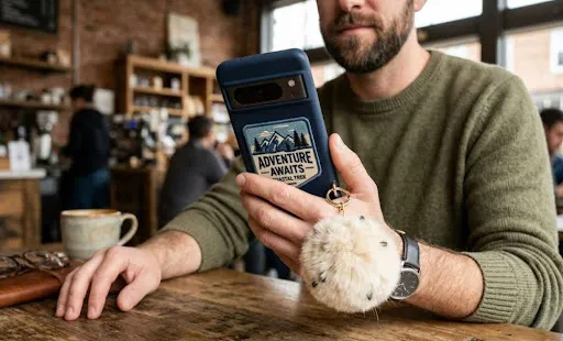 A man in a coffee shop holding an Android smartphone with a custom patch attached to the phone cover.
