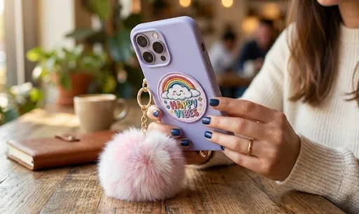 A woman in a cafe holding an iPhone with a cute custom patch and a pom-pom furball attached to the phone cover.