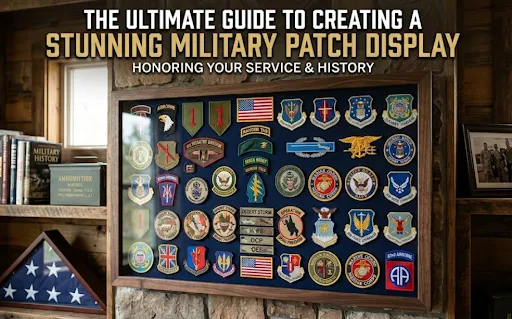 A wooden shadow box military patch display with multiple patches.