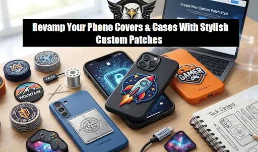 Different phone models, a sketchbook, patches for phone covers and cases, and a MacBook placed on a wooden table.