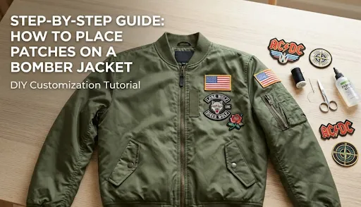 An olive green bomber jacket, patches and supplies for attaching the patches are visible.