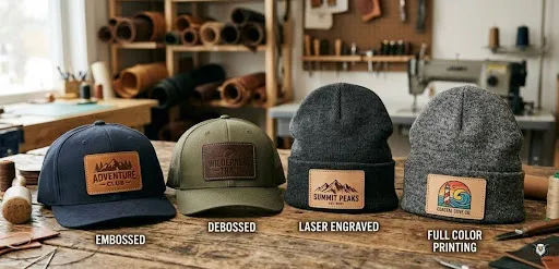 Custom leather patch hats kept on a wooden table.