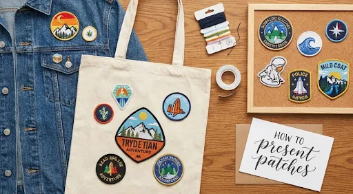 Different-methods-for-presenting-patches,-including-sewing-onto-fabric-and-displaying-on-a-board,-are-laid-out-on-a-wooden-table.