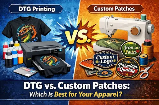 Direct-to-Garment (DTG) printing vs. custom embroidered patches for your apparel’s design and durability.