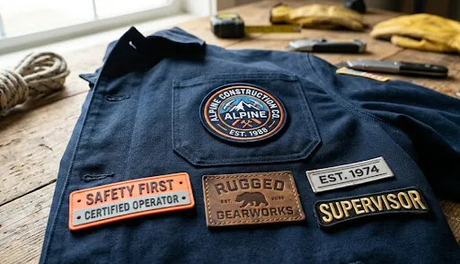 High quality custom patches attached on a navy blue heavy duty workwear jacket.