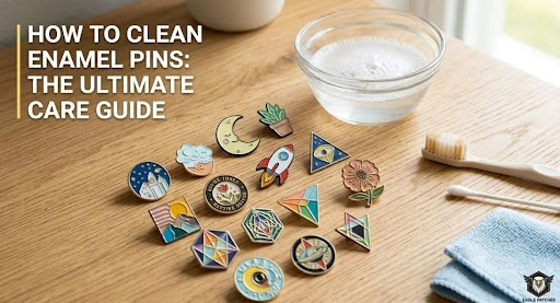 Multiple enamel pins are placed with stuff to clean them on a table.