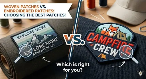 Side-by-side comparison photo of woven and embroidered patches.