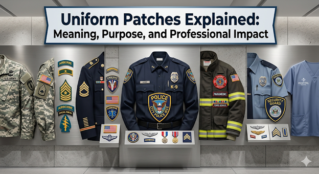A photographic display of diverse professional uniforms with patches mounted on a wall.
