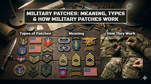 Diverse military patches placed on a wooden table.