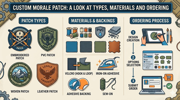Visual representation of custom morale patch types, materials, and backings, and the ordering process.