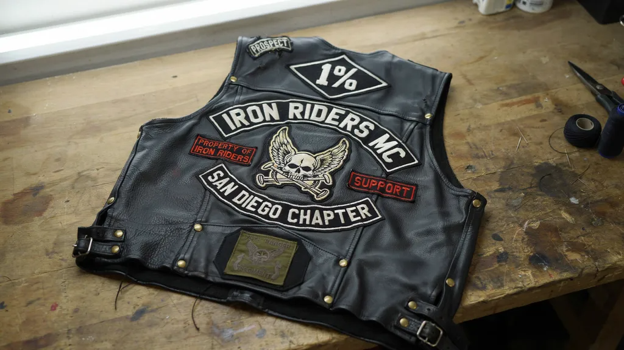 Motorcycle vest with motorcycle patches.