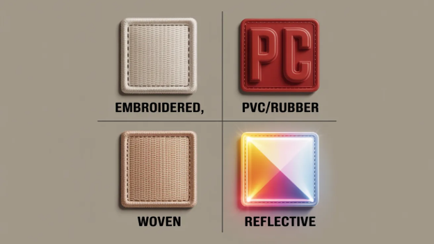 Types of velcro patches, including embroidered, woven, PVC, and reflective.