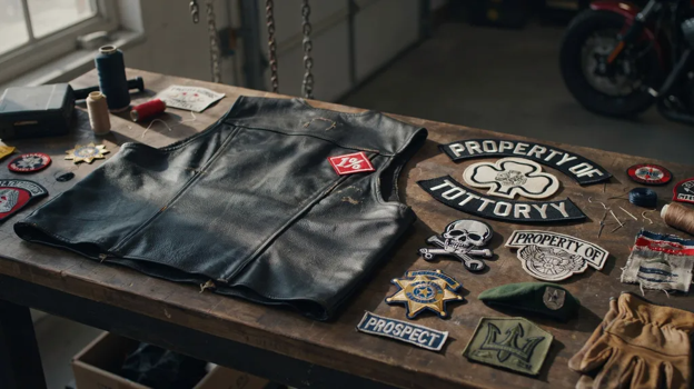 Motorcycle patches and a vest placed on a wooden table.