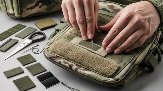 Applying velcro patches to the bag.