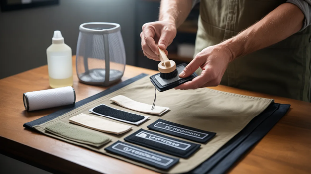 Cleaning velcro patches with a brush.