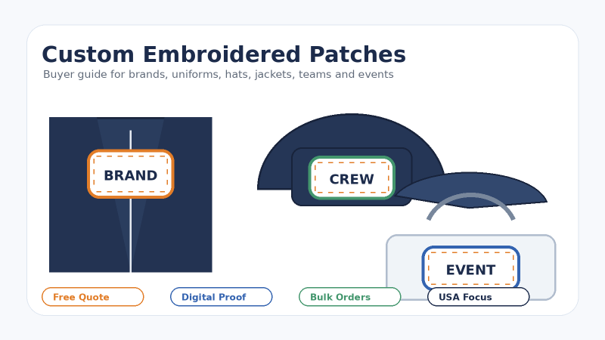 Custom embroidered patches for uniforms, hats, jackets and branded merchandise.