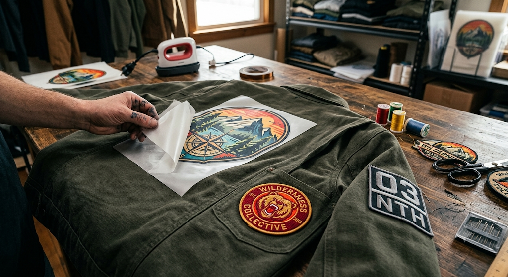 Using DTF transfers and patches together on a jacket.