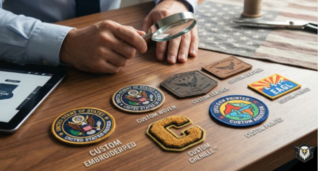 Different custom patches laid out on a wooden table.