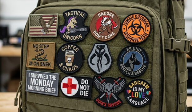 Velcro morale patches on a tactical backpack.