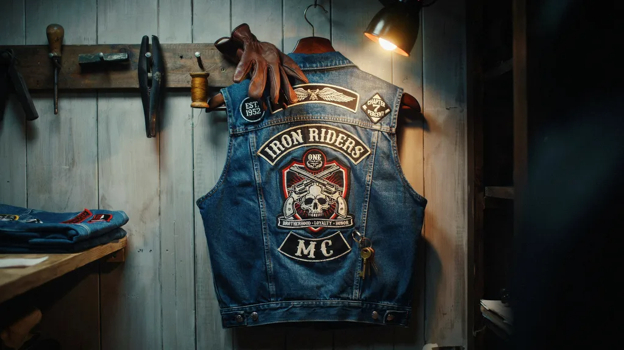 Motorcycle patches attached to a denim vest.