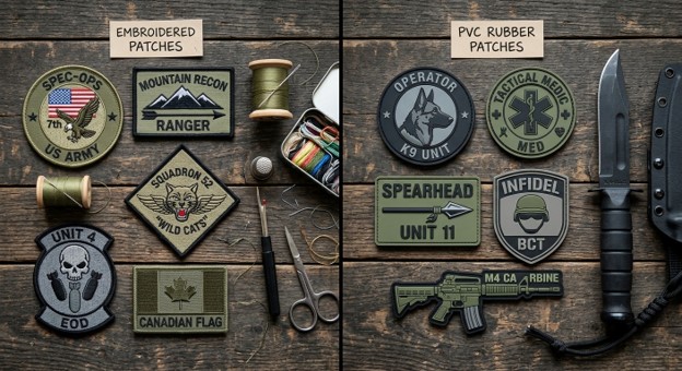 Comparison of embroidered vs PVC patches side by side.