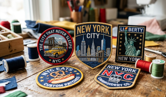 New York-based custom embroidered patches for local businesses pictured on a wooden table along with threads and sewing essentials.