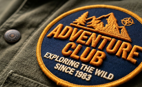 A 3D-embroidered puff patch attached to a jacket pictured upclose.