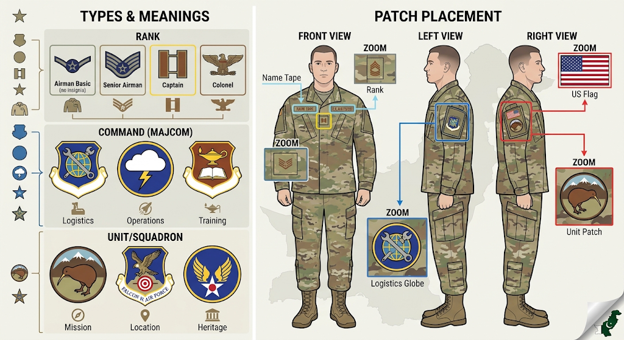 representation of USAF patch types and the meaning and where they go on livery.