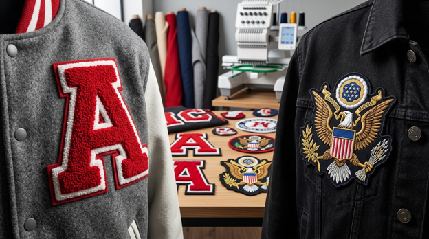 Image differentiating between chenille patches and embroidered patches.