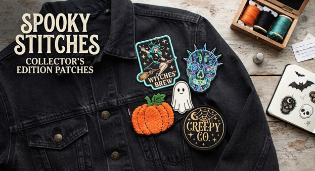 Black denim jacket with custom Halloween patches, including a chenille pumpkin, retro witch, cyberpunk skull, and evil jester.